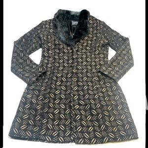Stylish Black and Gold Patterned Coat with Faux Fur Collar TVZ Brazil Size 44
